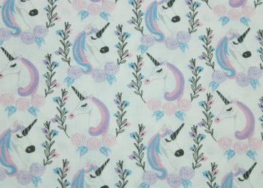 Baumwolle Webware Camelot Fabrics ENCHANTMENT Elegant Unicorns white